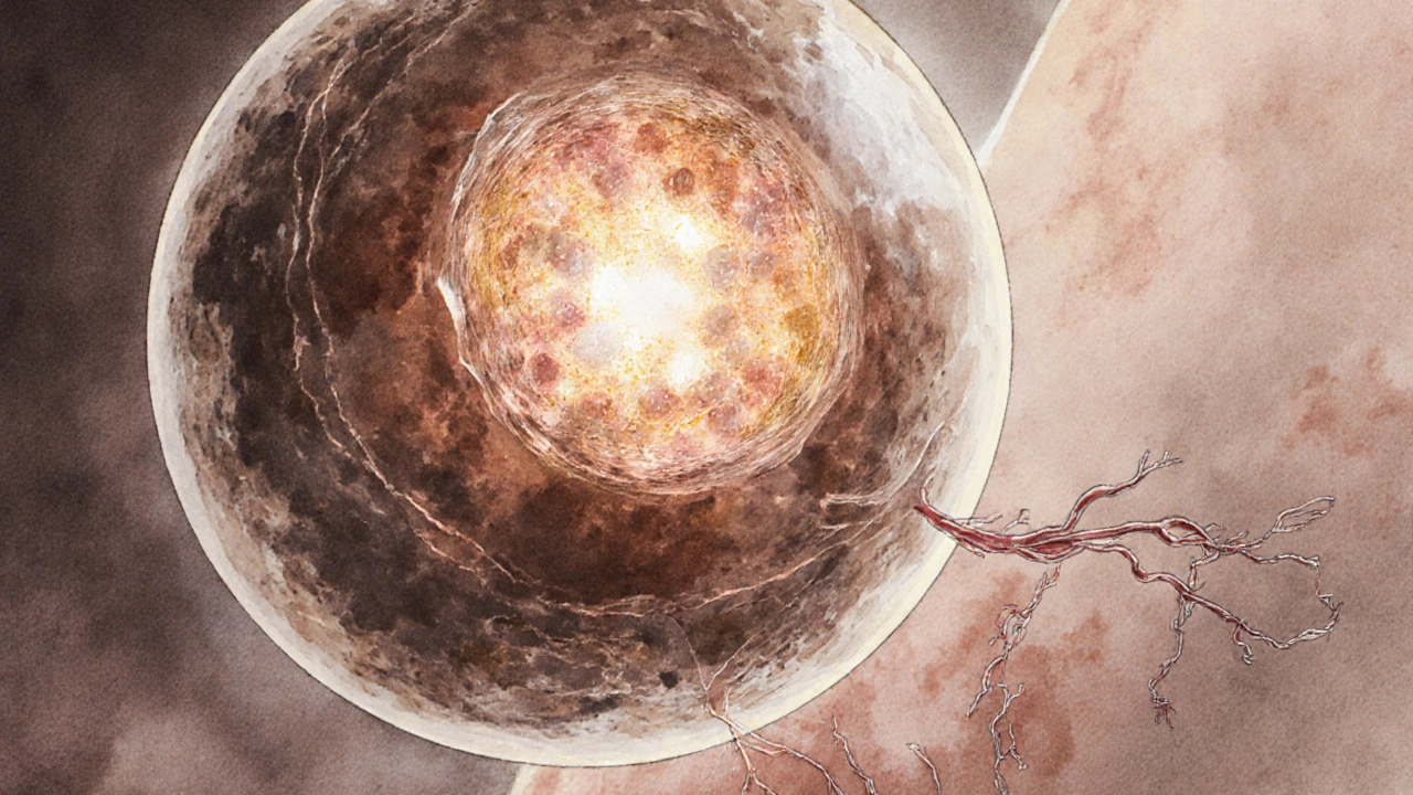 Blastocyst drifting toward uterine wall with glowing inner cells