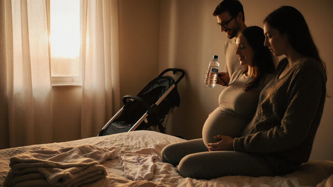 Cozy bedroom with prepared baby items, expecting mother and partner at sunset.