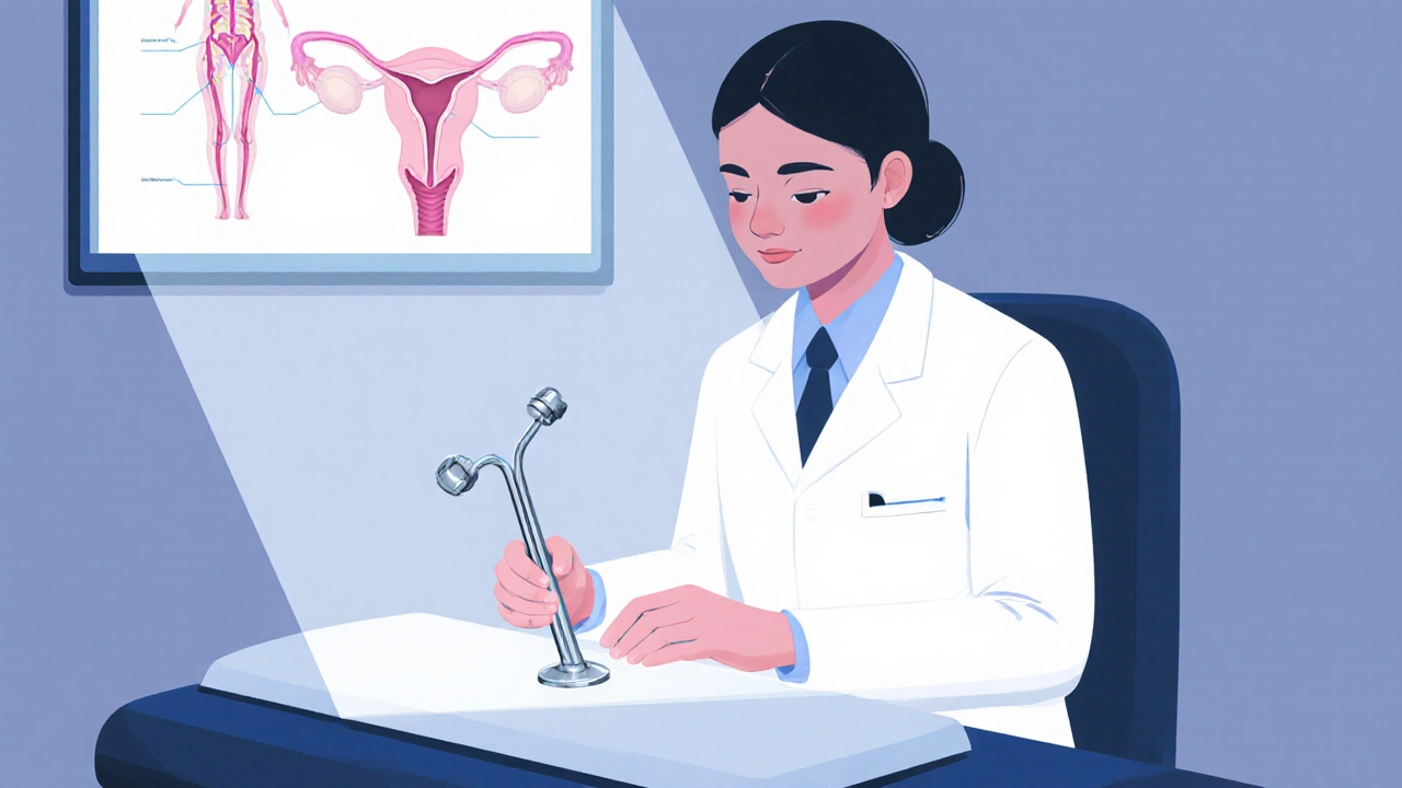 Doktorka připravuje břitvu v gynekologické místnosti, klinické a důstojné osvětlení.