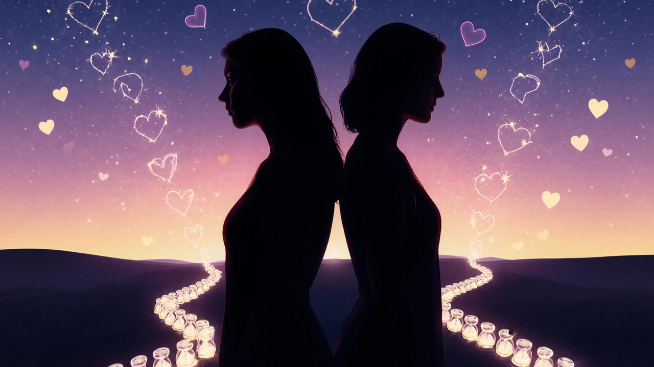 Dvě siluety žen zády k sobě, jedna s cestou hodin, druhá s hvězdami, symbolizující různé tempo porodů.