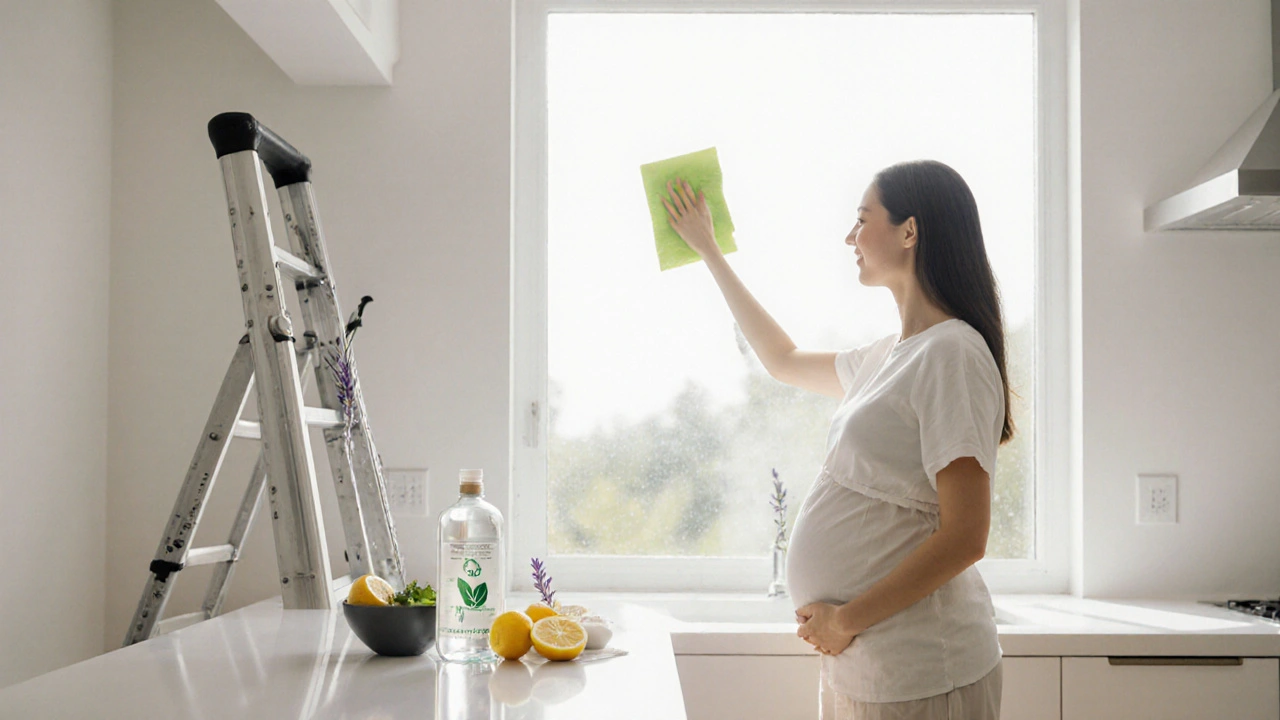 Eco‑čistič, citron a prodlužovací tyč vedle spokojené těhotné ženy u čistého okna.