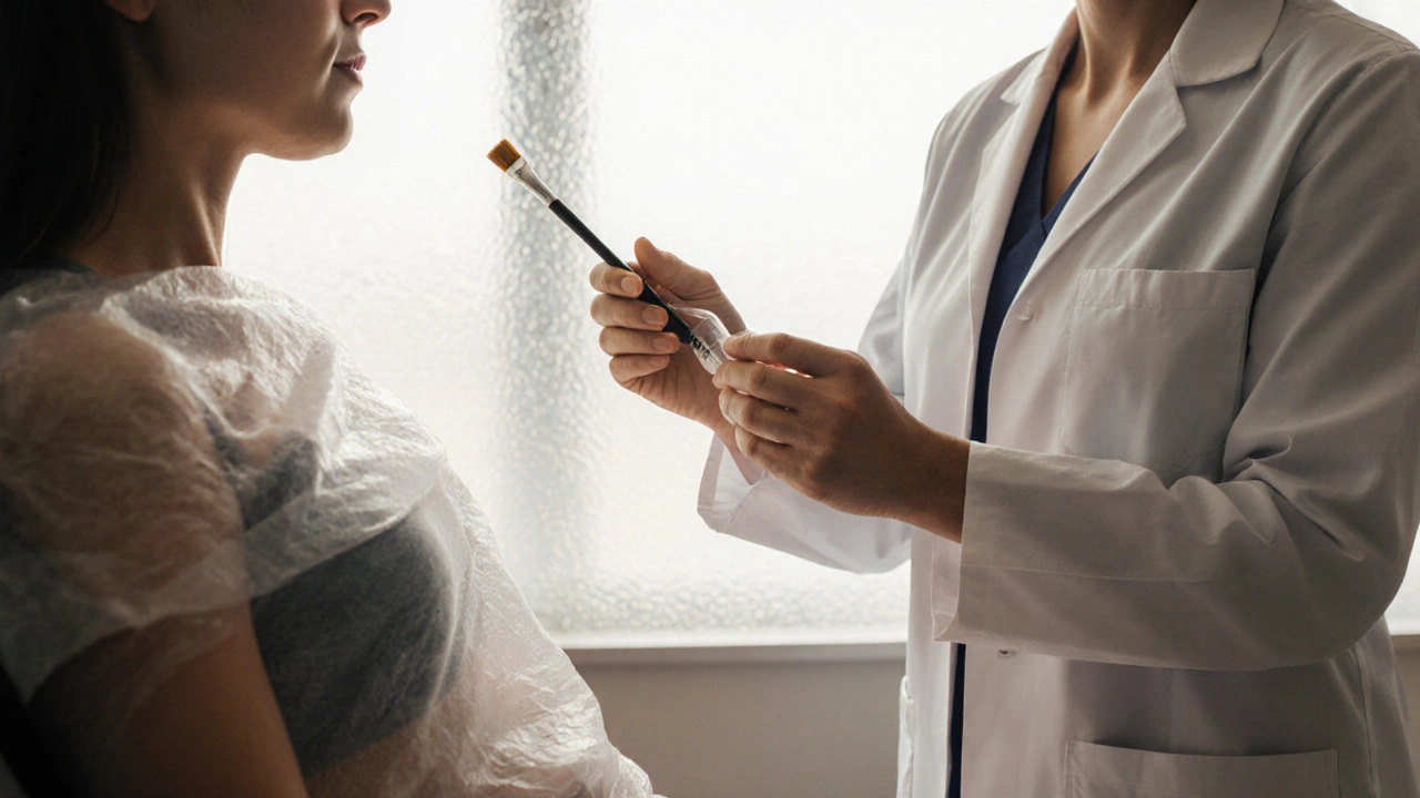 Fotorealistický pohled na gynekologické vyšetření s odběrem vzorku na Pap test.