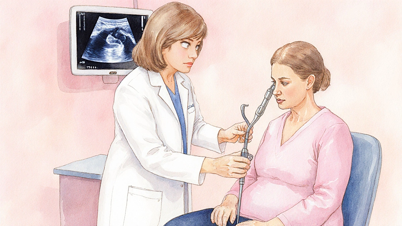 Gynekolog provádí šetrný vyšetřovací zákrok s diktafonem a ultrazvukovým monitorem v pozadí.