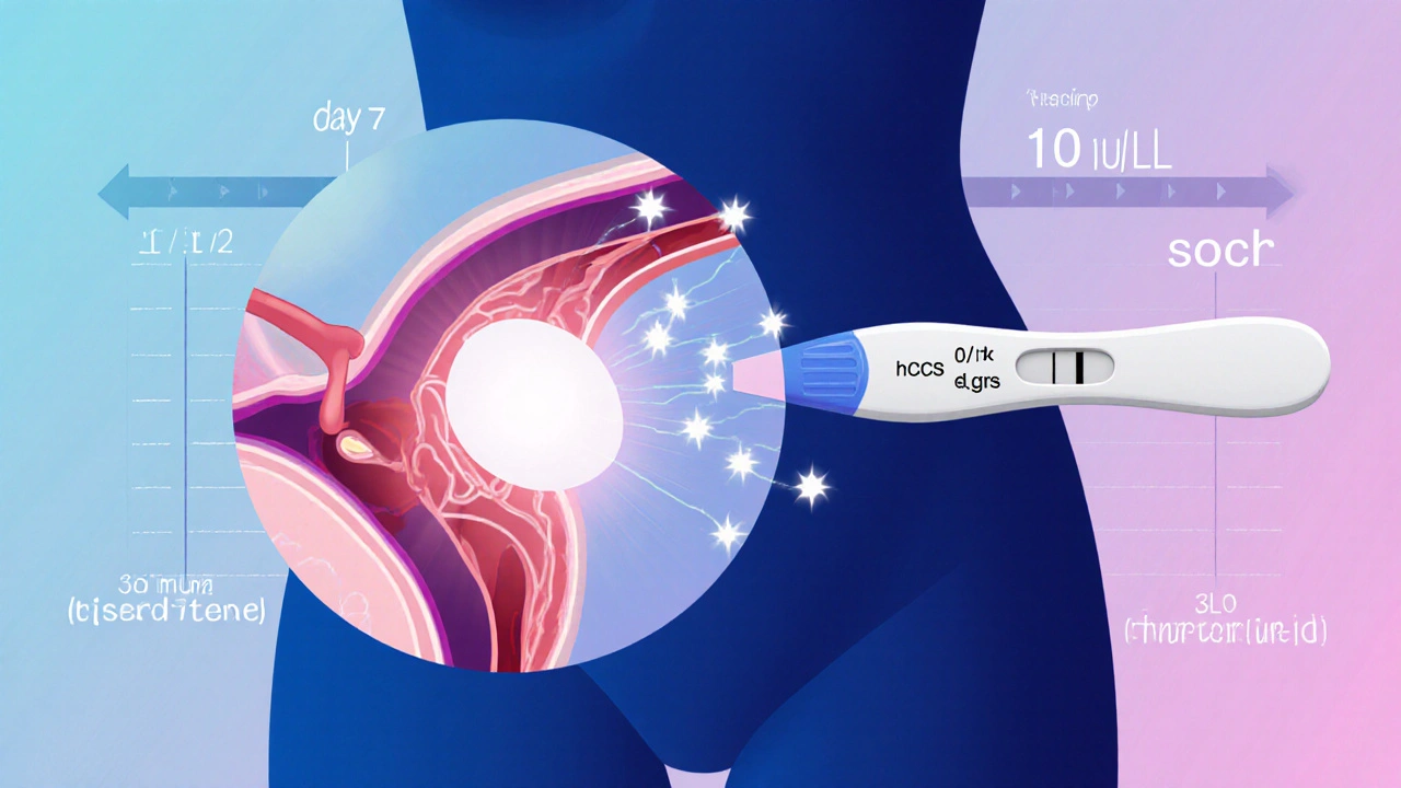 Ilustrace implantace vajíčka a vývoje hormonu hCG v těle ženy.