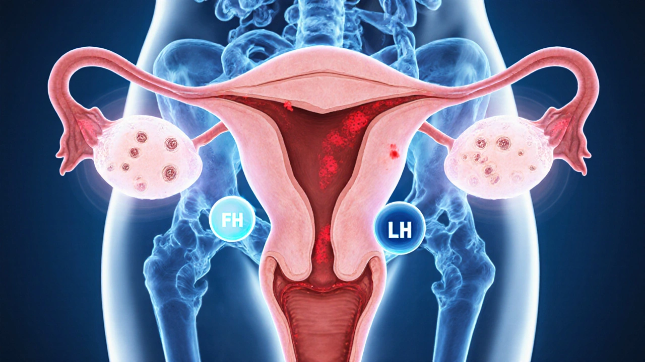 Ilustrace vaječníků a dělohy ukazující PCOS, endometriózu a další příčiny neplodnosti.