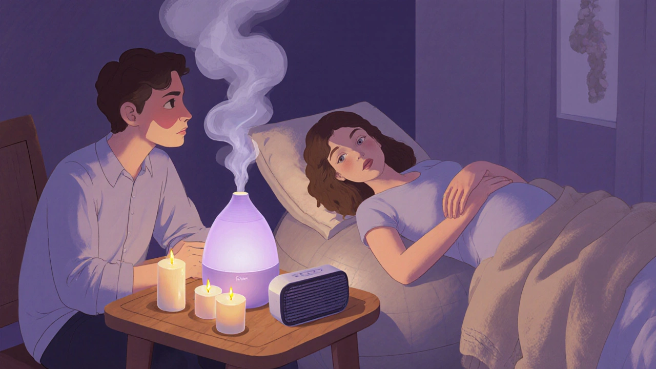 Intimní porodní pokoj s čerstvou vůní levandule a partnerem.