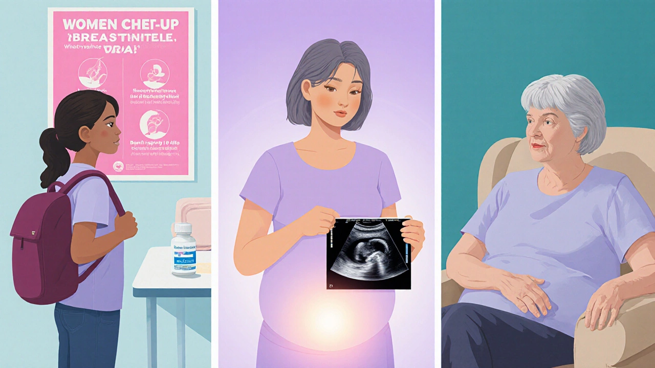 Koláž ukazuje teenagerku, těhotnou ženu a starší ženu v různých fázích gynekologických návštěv.