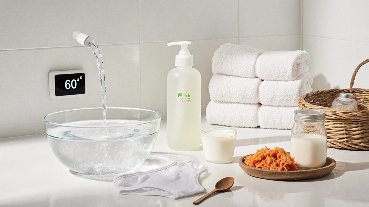 Koupelna s mýdlem, bavlněným prádlem, horkou vodou a probiotickými potravinami.