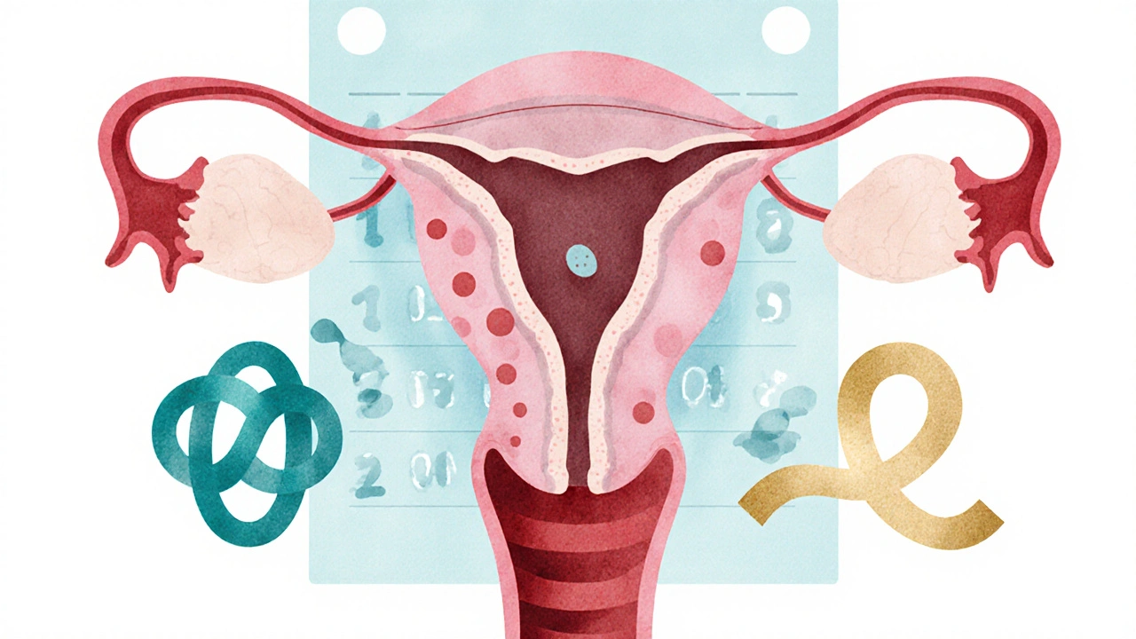 Křížová řez dělohy s embryo přichytávajícím se na stěnu, růžové skvrny a symboly hormonů hCG a progesteronu.