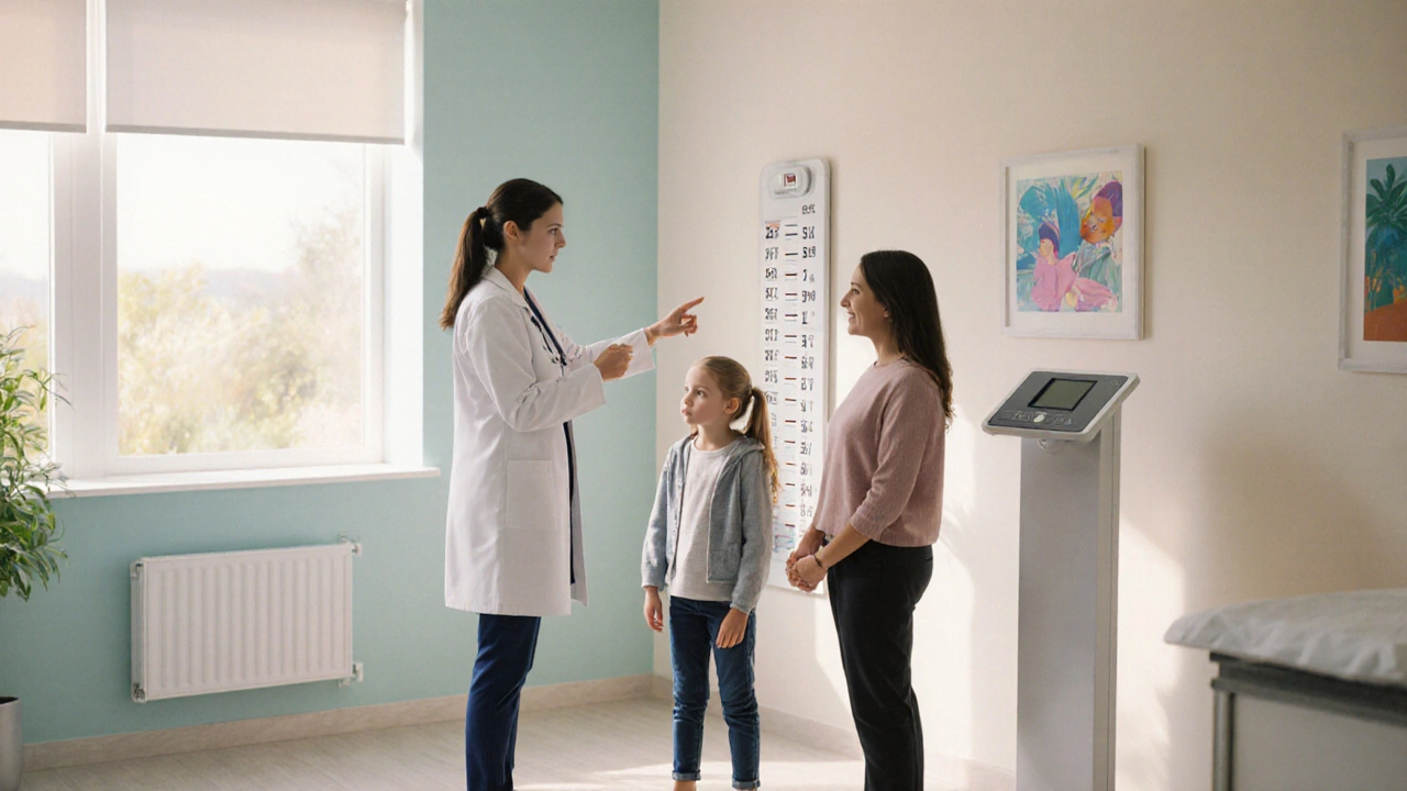 Lékařka vítá dívku a její matku v moderní klinice, provádějí měření výšky.