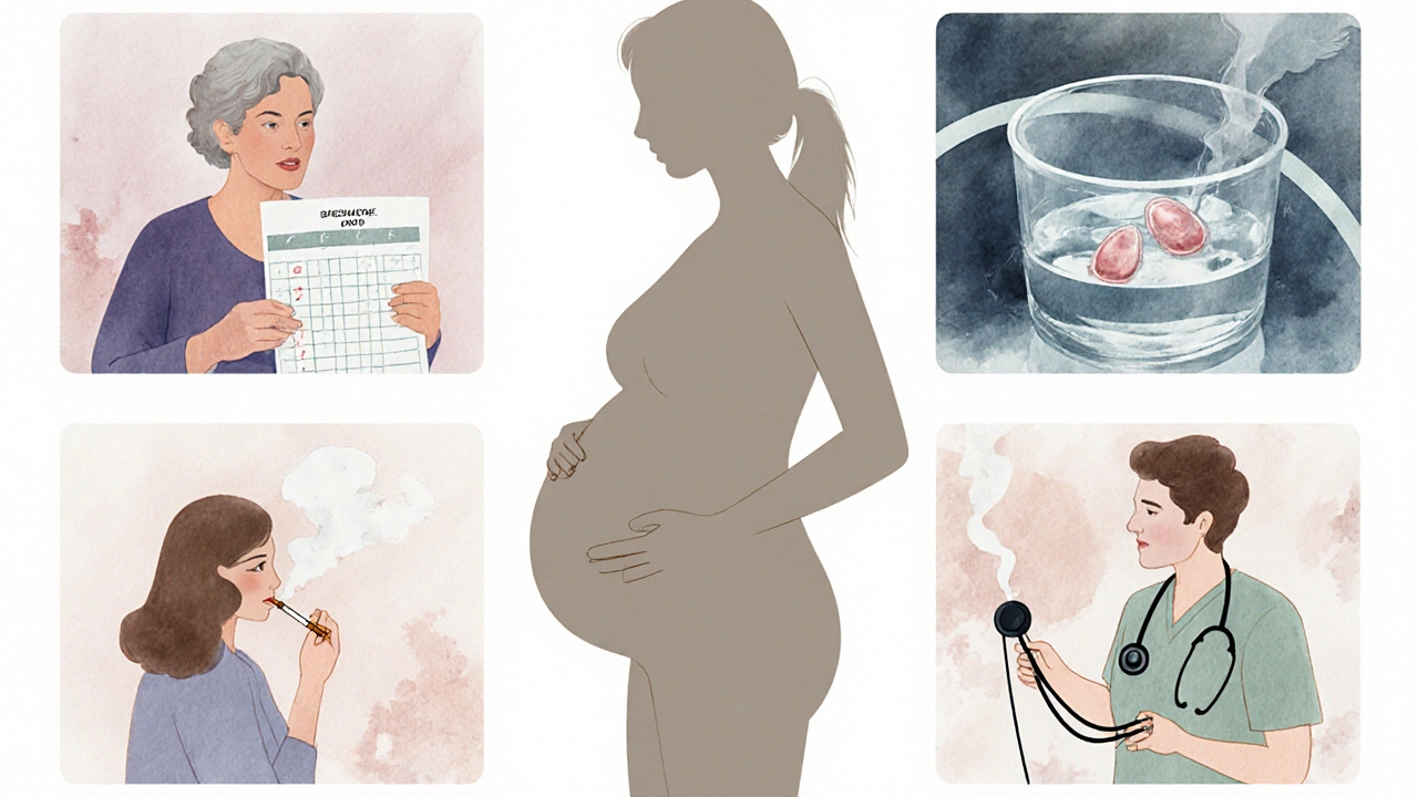 Medical illustration showing older mother, IVF lab, smoking, and hypertension around a pregnant figure.