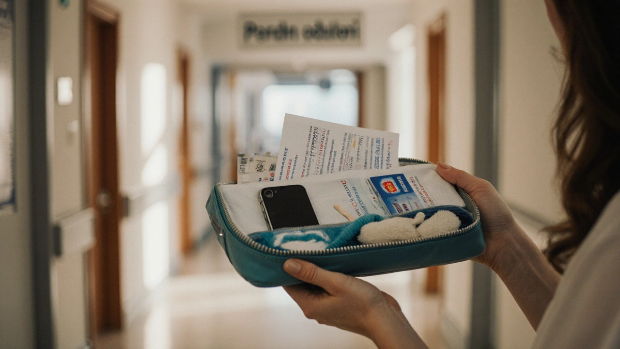 Otevřená taška s potřebami pro porod na posteli v porodnici.