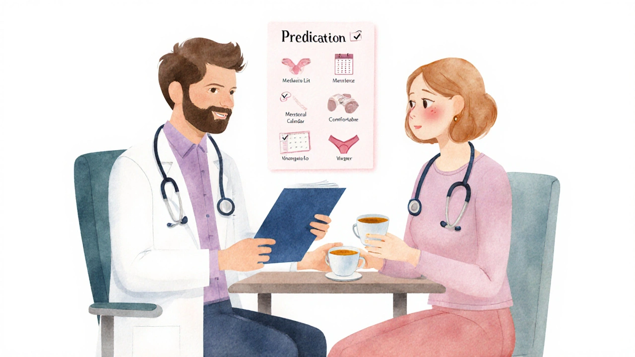 Po vyšetření doktorka podává výsledky, pacientka s čajem, atmosféra úlevy.