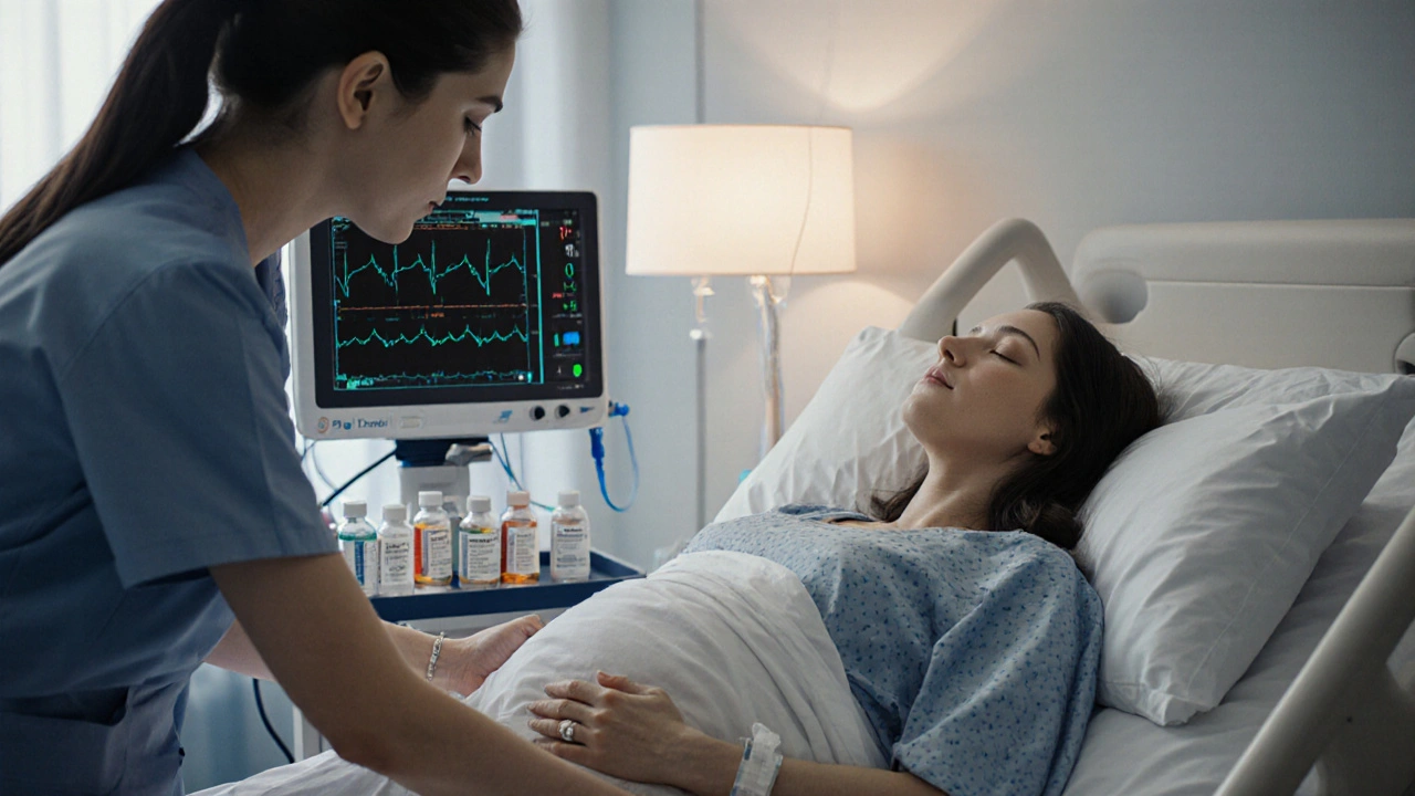 Těhotná pacienta na lůžku v nemocnici, obklopena monitory a infuzí tokolytiků.