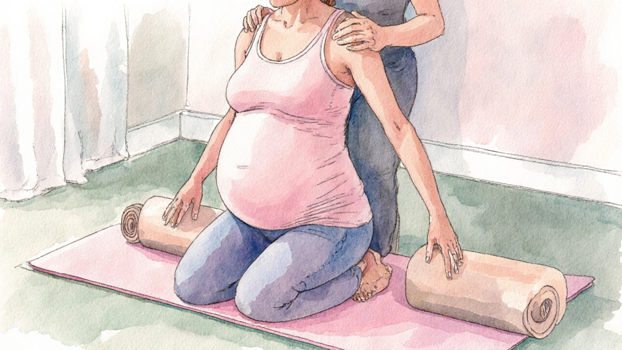 Těhotná žena a partner ve vodorovném pozdravu během jógy.