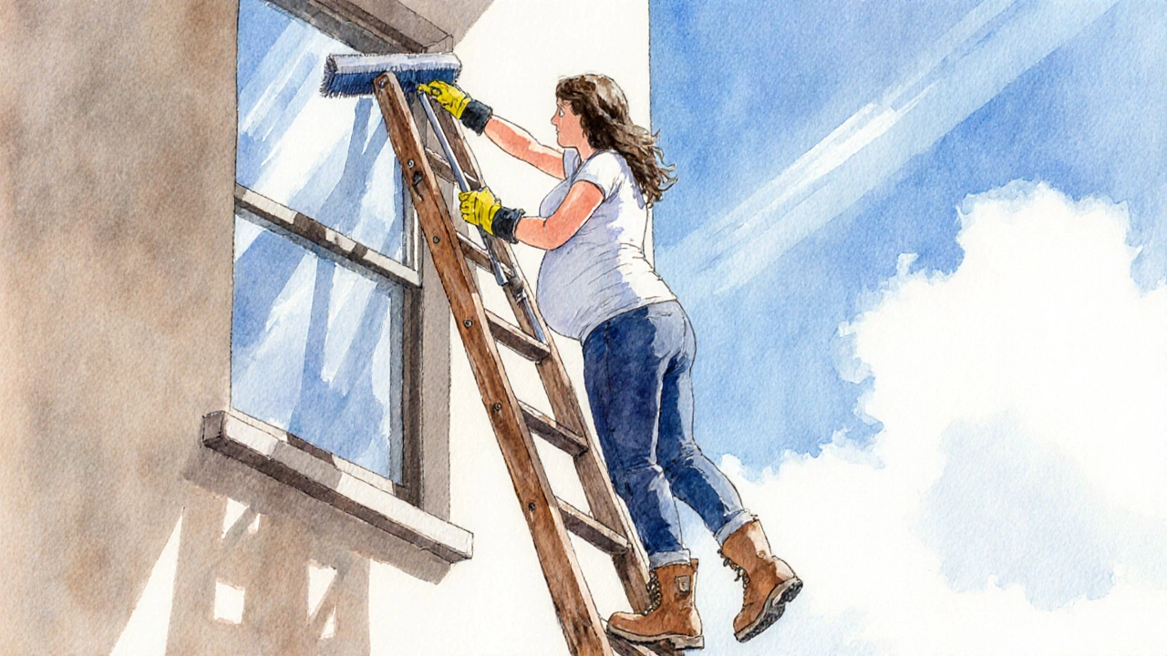 Těhotná žena na žebříku s prodlužovacím tyčem čistí vysoké okno.
