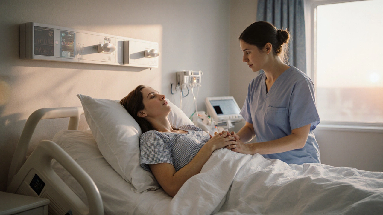 Těhotná žena v nemocnici prochází kontrakcemi s partnerem vedle sebe.