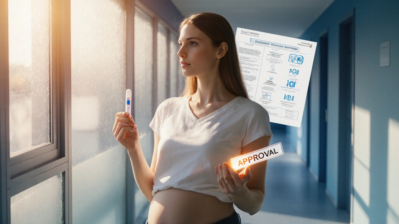 Žena drží pozitivní test a schválení pojištění, vyzařuje naději.