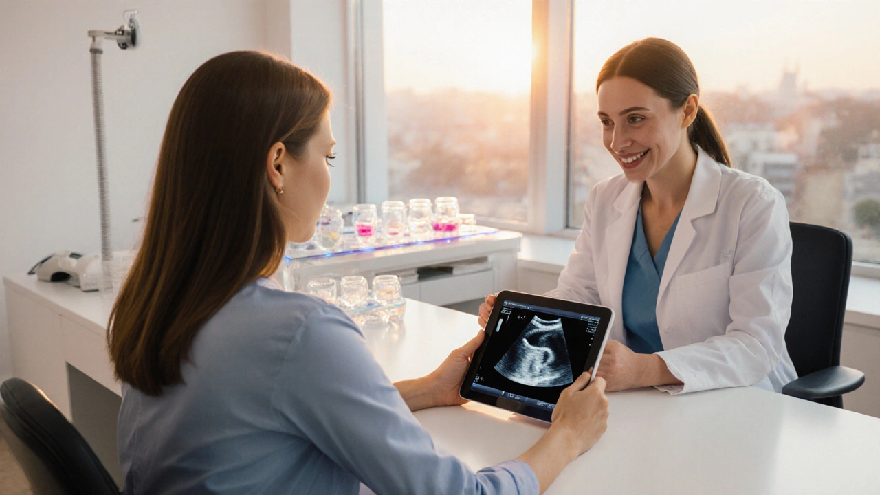 Žena s úsměvem hovoří s gynekologem, zatímco v pozadí je moderní reprodukční laboratoř.
