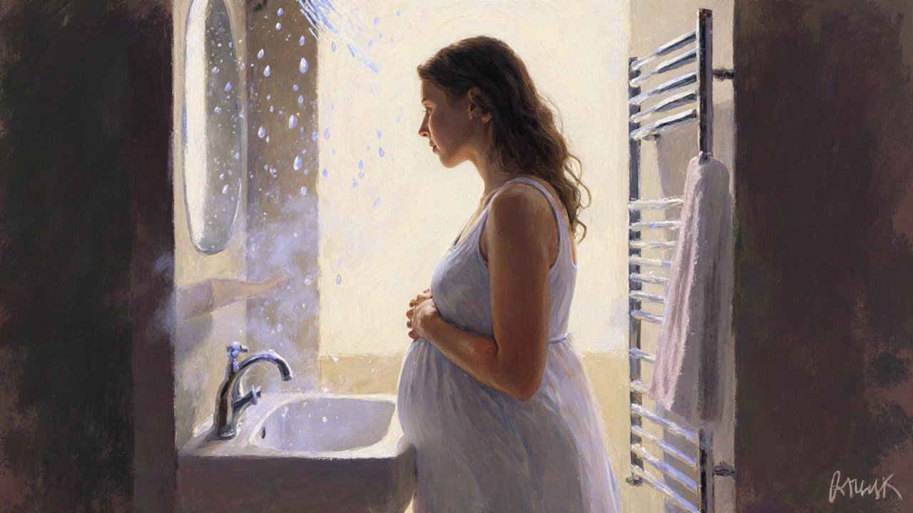 Žena v aktivní fázi porodu stojí pod teplou sprchou, v rukou se drží umyvadla, pára se vznáší kolem ní.