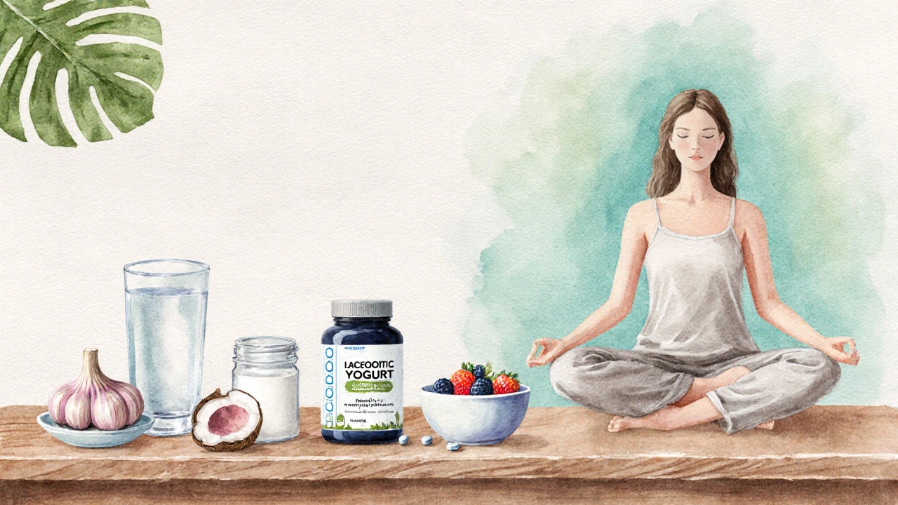 Žena v józe obklopena jogurtem, česnekem, kokosovým olejem a vodou.