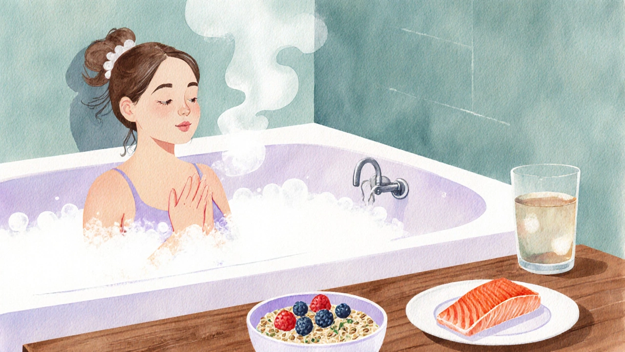Žena v teplé koupeli, obklopena zdravou stravou a dýchacími cvičeními.