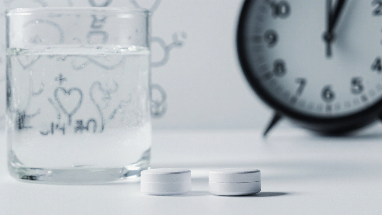 Dvě léky na potrat leží na bílé ploše vedle sklenice vody.