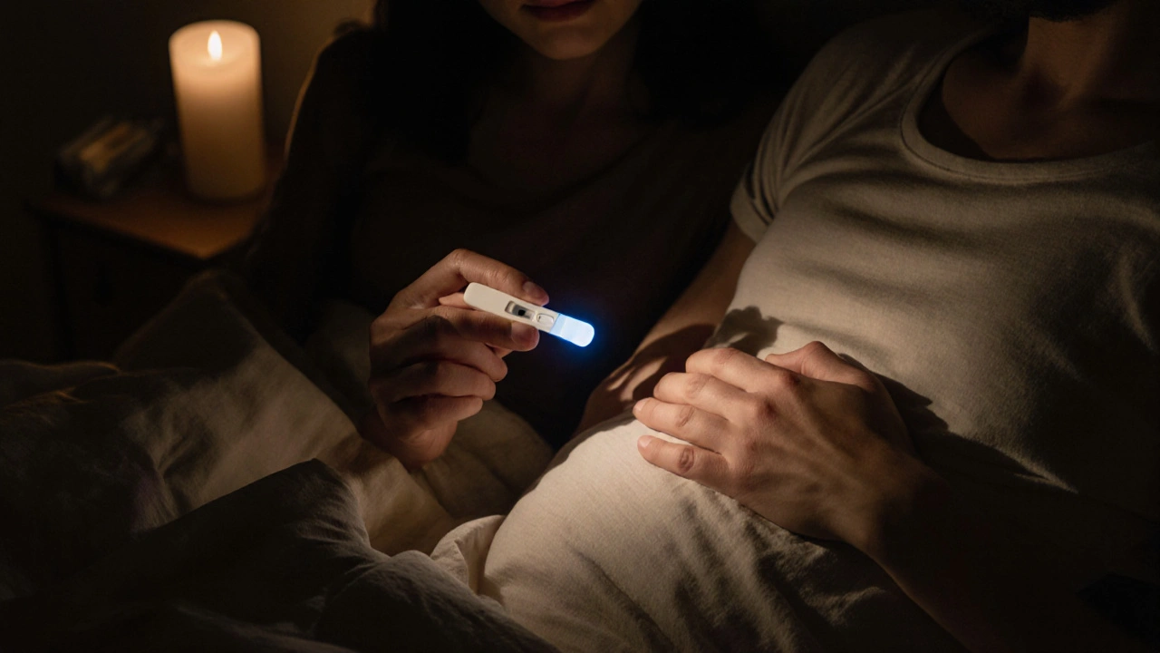 Dvojice drží test na ovulaci v tichém prostředí večerního pokoje.