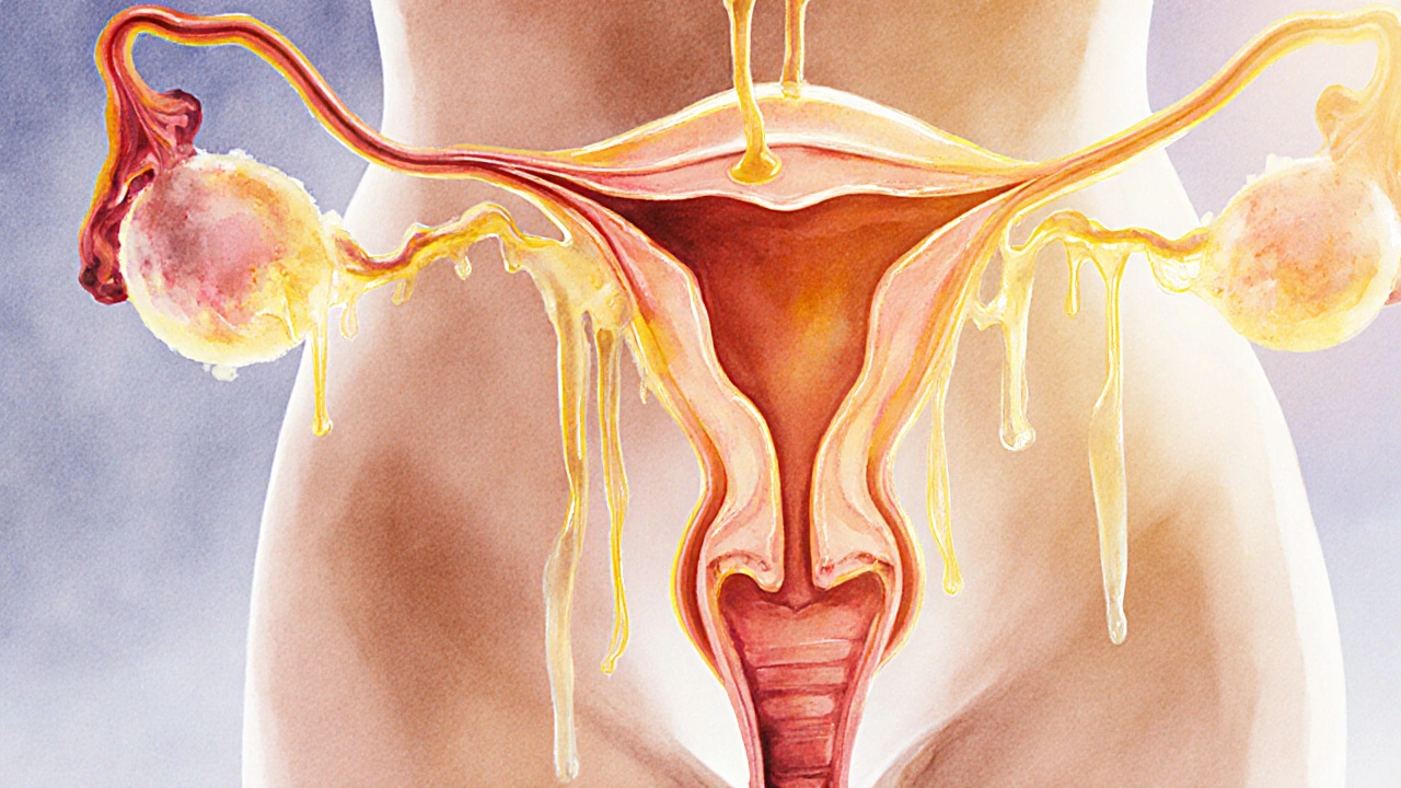 Ilustrace vaječníku a hlenového toku během ovulace s teplým zářením.