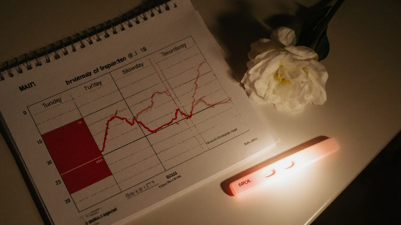 Kalendář, graf teploty a test na LH na stole s bílým květem.