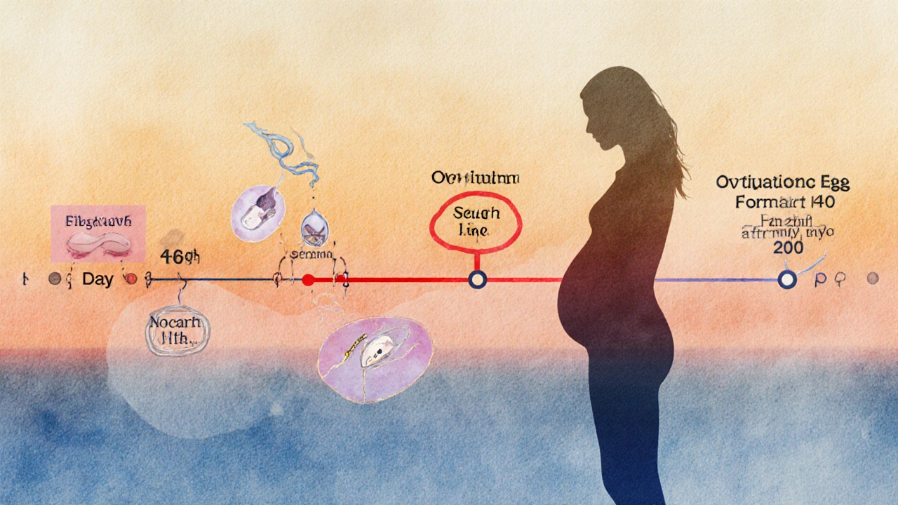 Kalendář plodnosti s časovou osou a symboly spermie a vajíčka.