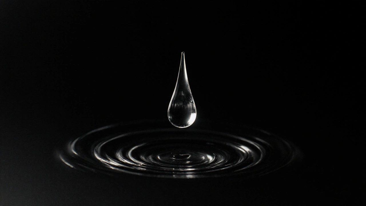 Kapka ovulačního hlenu ve vzduchu, refraktující světlo jako prizma.