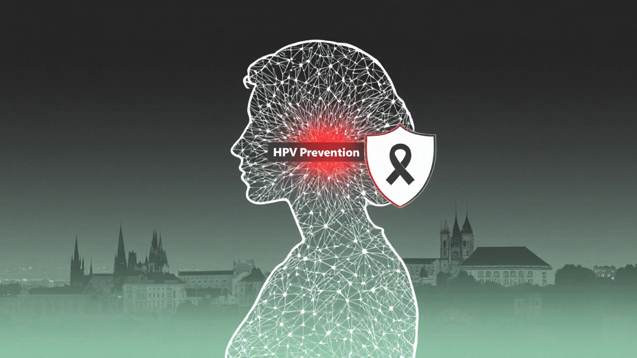 Koncepční obrázek s DNA a viry HPV chráněnými štítem prevence.