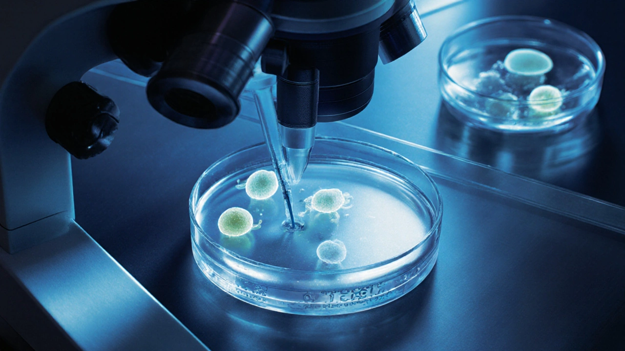 Laboratorní pohled na vývoj embryí a mikroinjekci spermie v petriové mísce.