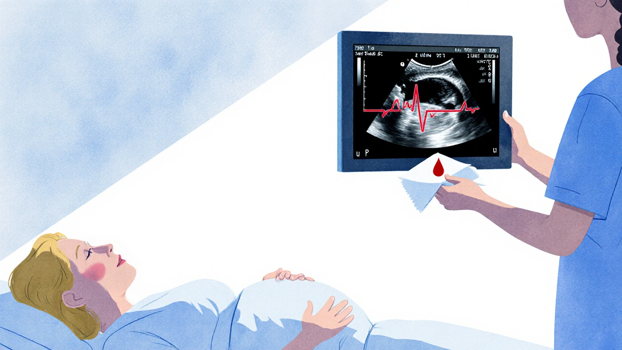 Lékař ukazuje těhotné ženě ultrazvukový obraz s tepem plodu, vedle ní malá krevní kapka.