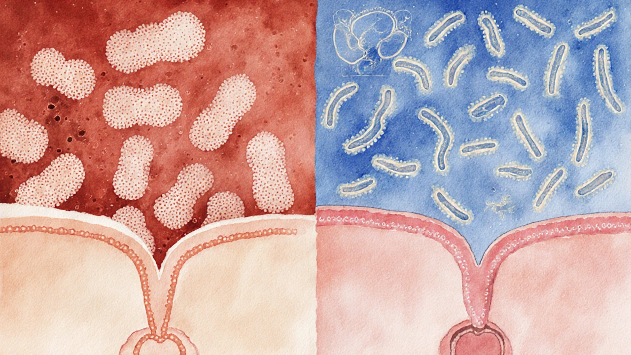 Mikroskopický pohled na kvasinky rozmnožující se v krevním prostředí proti zdravé mikroflóře.