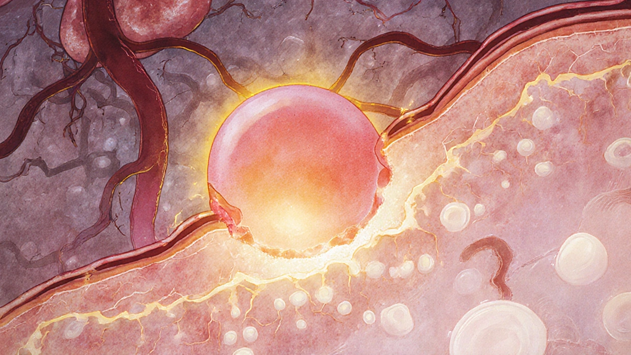 Mikroskopický pohled na přichycení oplozeného vajíčka k děložní sliznici s jemným zlatým zářením.