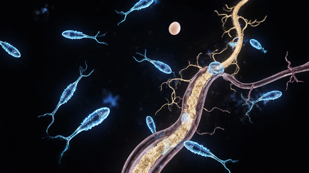 Mikroskopický pohled na spermie plující směrem k vajíčku v reprodukčním traktu.