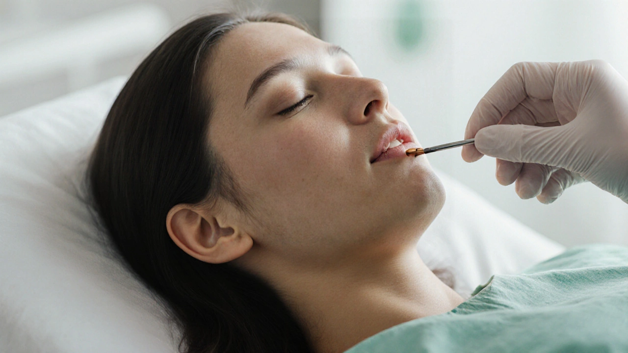 Mladá žena na vyšetřovacím stole se uvolněně dýchá během gynekologické prohlídky.