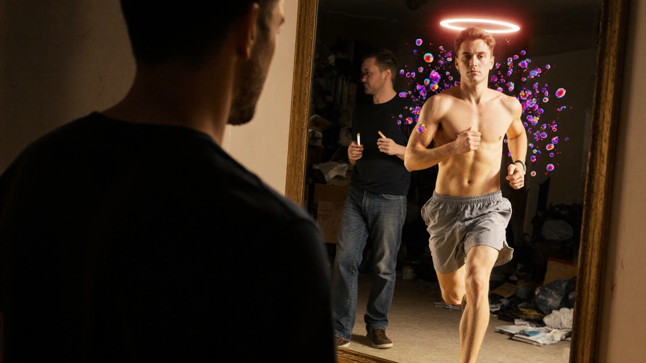 Muž v zrcadle vidí svou zdravější verzi — jedna strana života proti druhé.