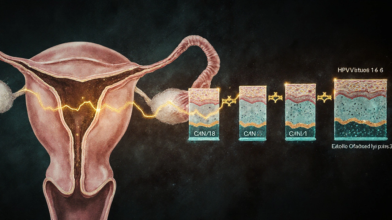 Přehledná ilustrace děložního čípku s viry HPV a přednádorovými změnami.