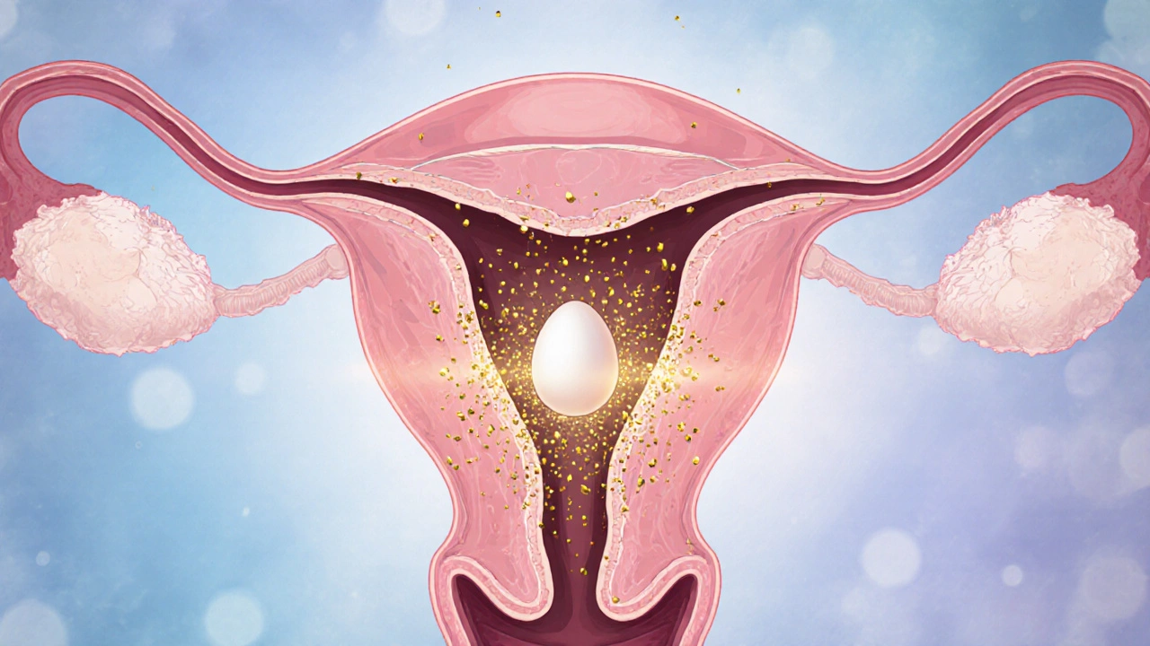 Příčný řez vaječníku s praskajícím folikulem a uvolňujícím se vajíčkem.