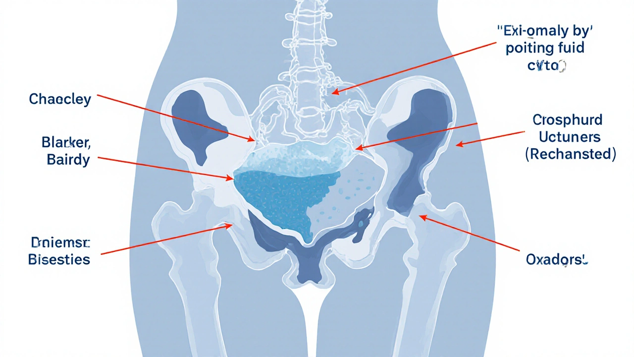 Průřez pánve s cystou na vaječníku tlačící na močový měchýř a střevo.