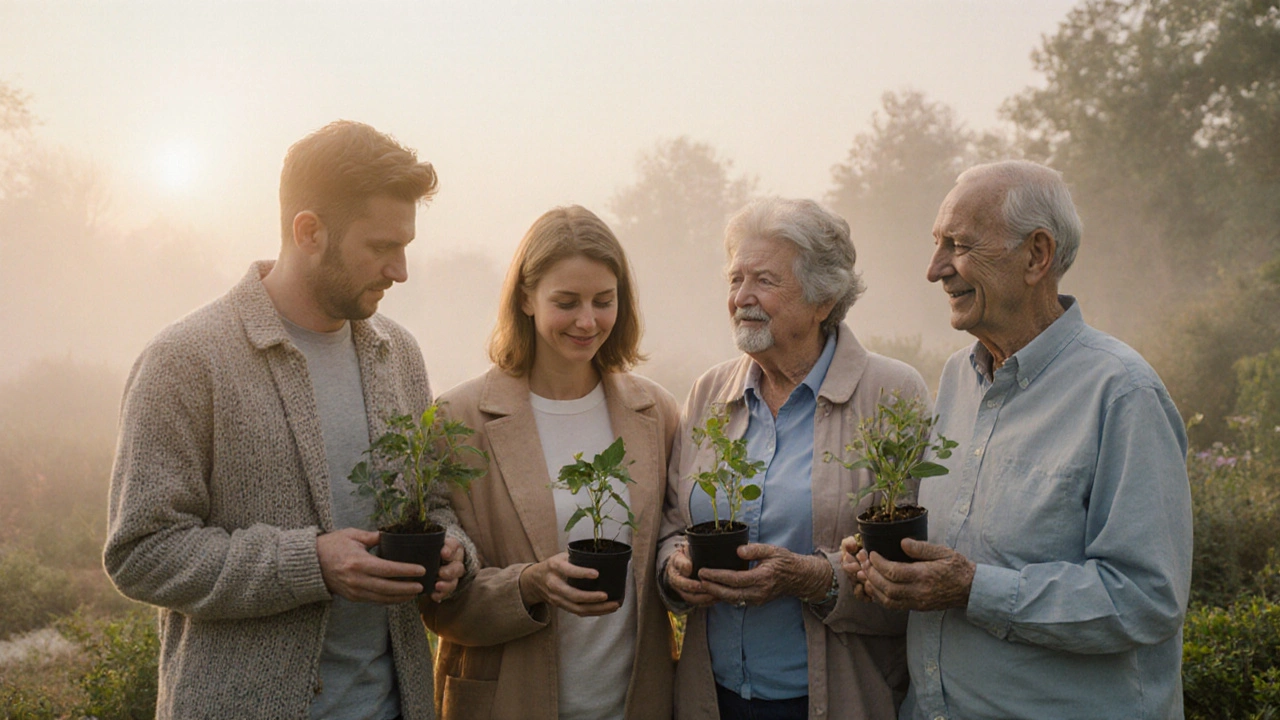 Různé rodiny a jednotlivci stojí v zahradě při východu slunce, symbolizují naději na mateřství.