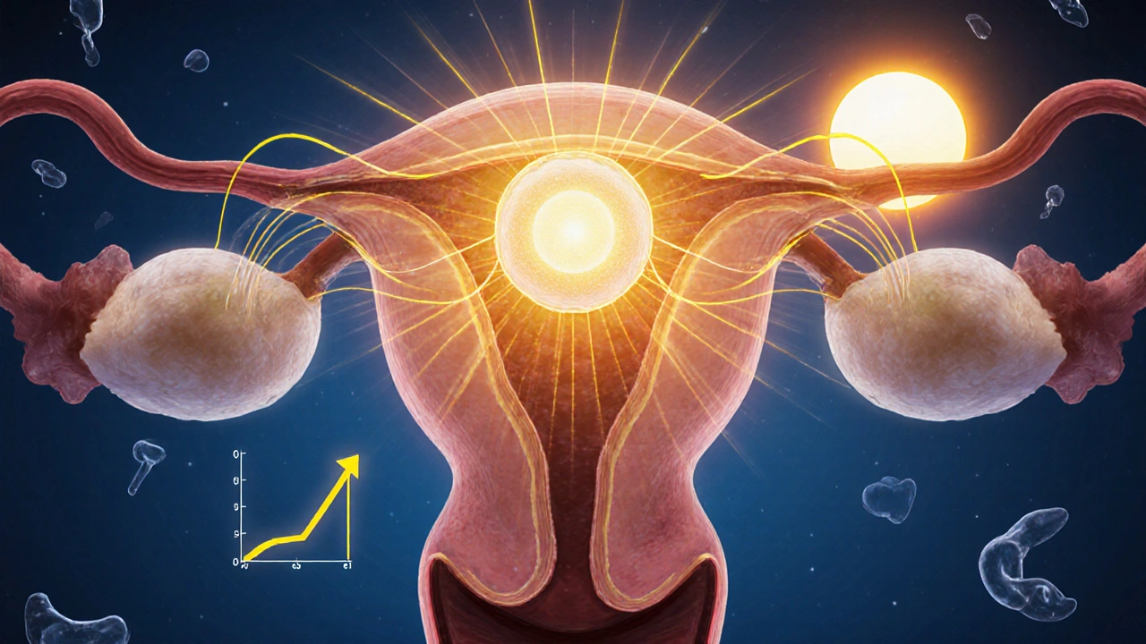 Schematický obraz hormonálních změn po ovulaci s žlutým tělískem a růstem progesteronu.