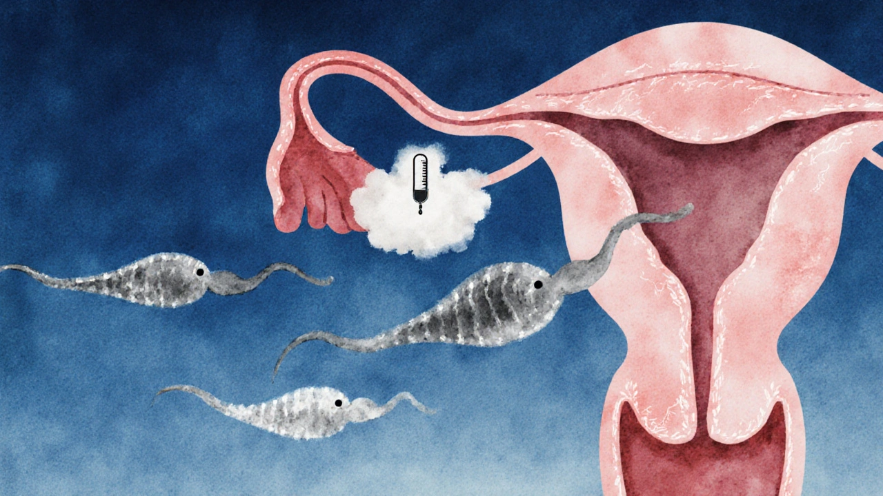 Stylované spermie různých tvarů plují v anatomickém výřezu mužského těla.