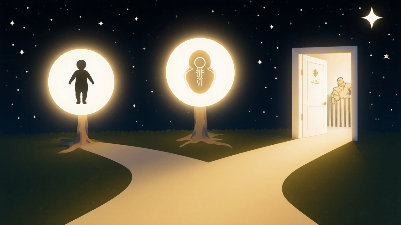 Symbolická cesta s třemi možnostmi plodnosti: IUI, IVF a adopce.