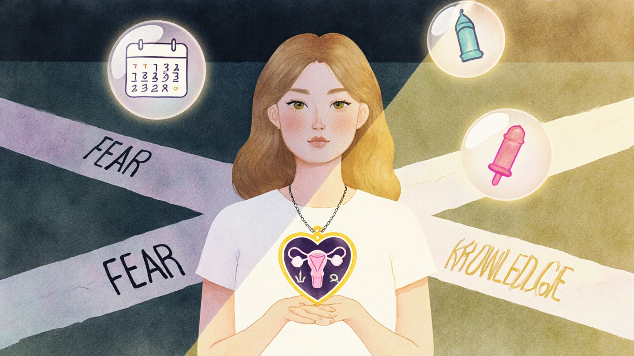 Symbolický obraz dívky v klíčovém okamžiku výběru mezi strachem a poznáním svého těla.