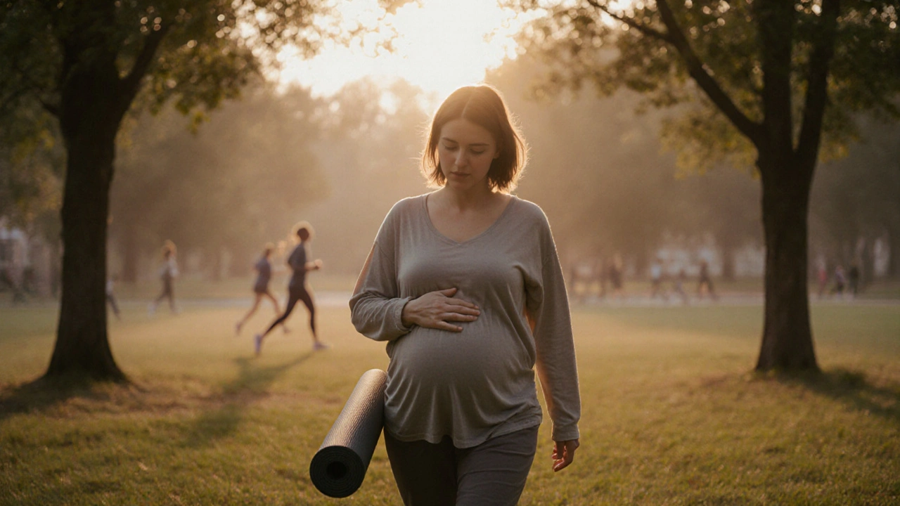 Těhotná žena klidně prochází parkem v ranní světle.