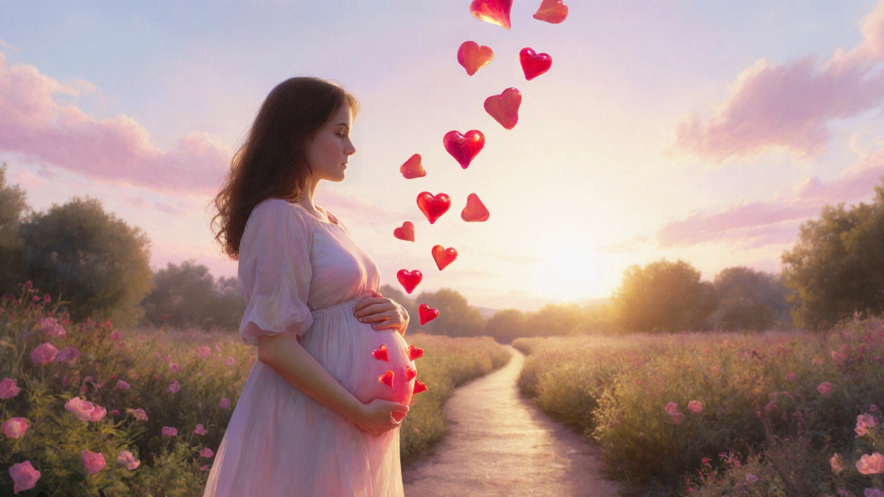 Těhotná žena stojí v zahradě, když červené kapky krve se mění v jemné srdíčka a plují k obzoru.
